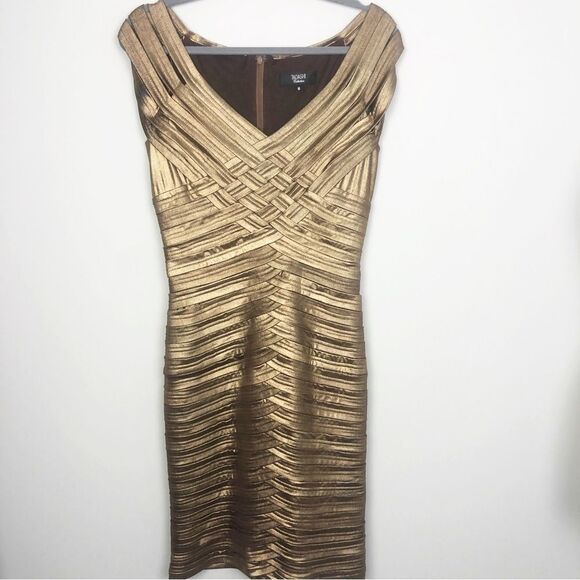 TADASHI COLLECTION | Bronze Gold Bandage Style Bodycon Dress Women’s Size Medium - Picture 1 of 12